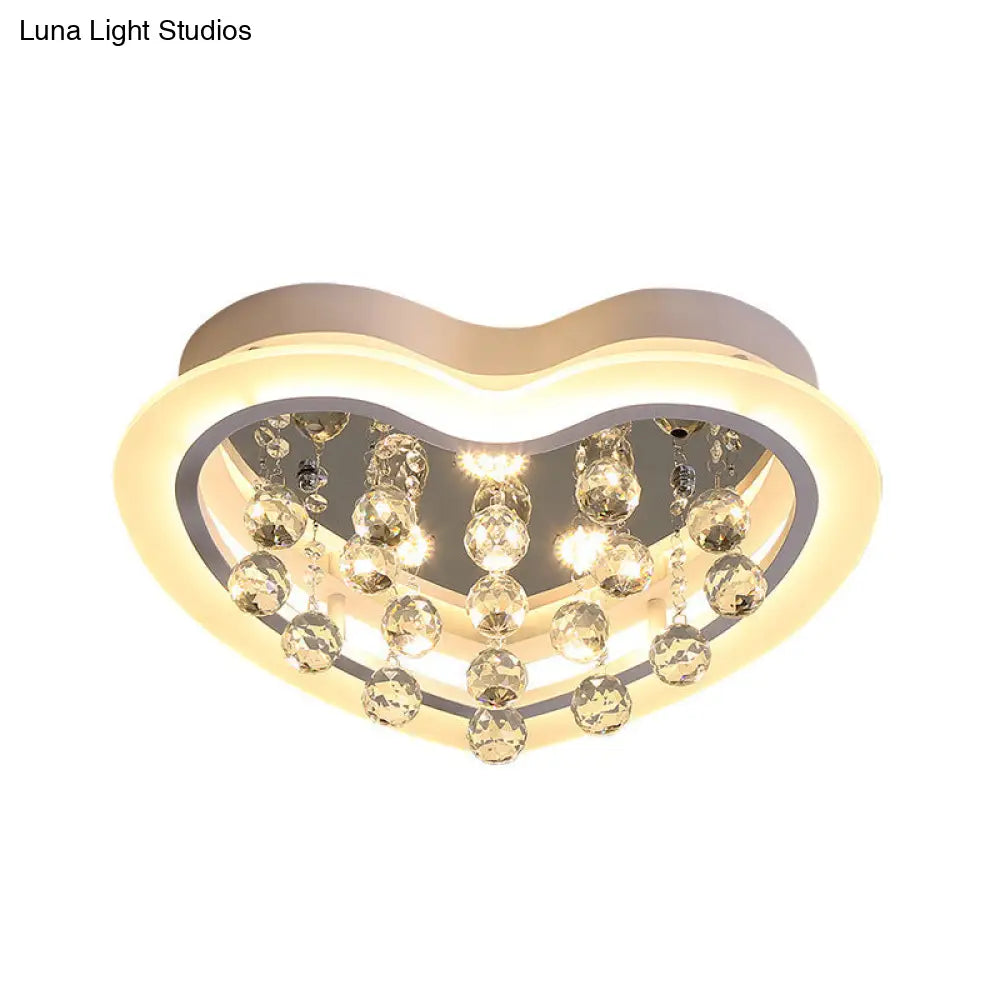 Minimalist Led Heart Ceiling Light In White With Crystal Orb - 16’/19.5’ Acrylic Flush Fixture
