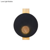 Minimalist Led Metal Disk Wall Light Fixture With Wood Backplate - Black/Grey/White