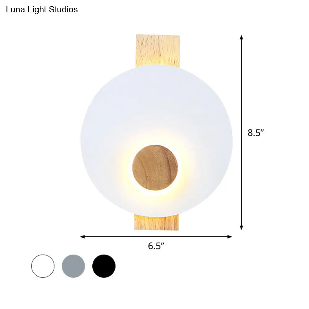 Minimalist Led Metal Disk Wall Light Fixture With Wood Backplate - Black/Grey/White