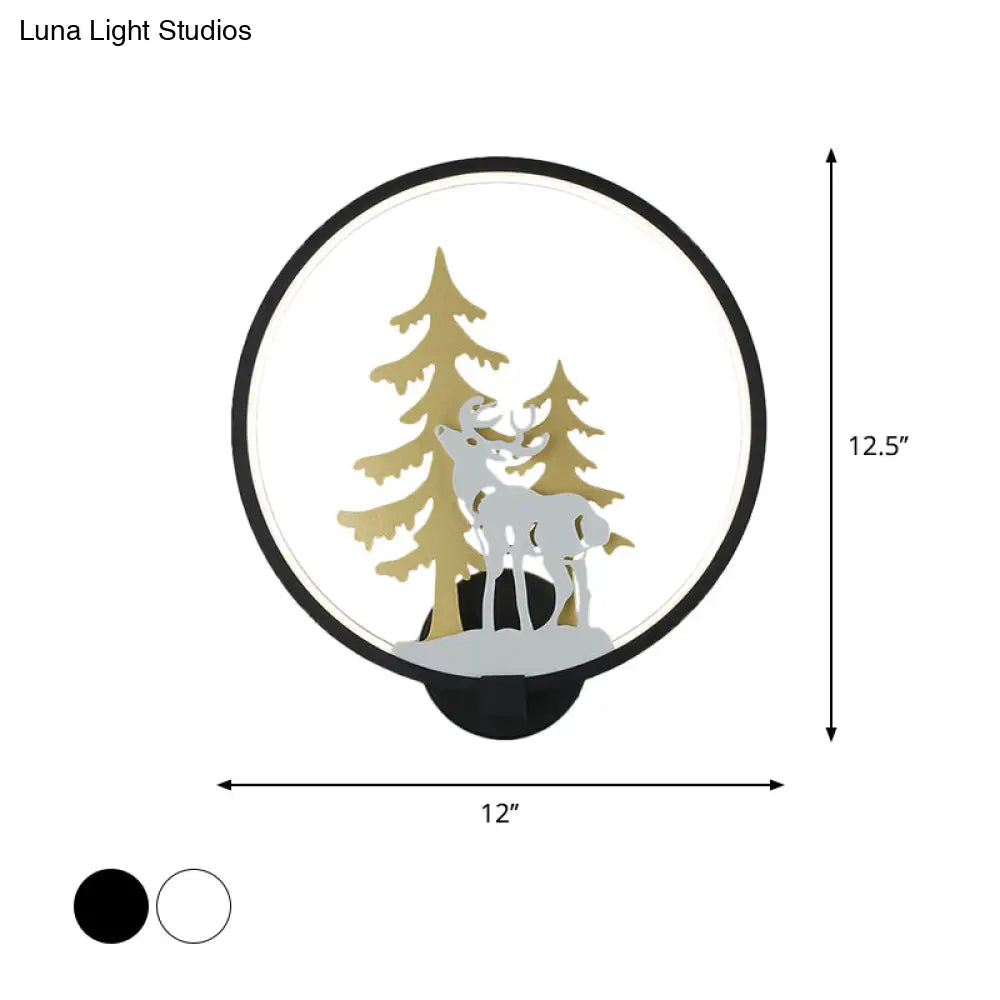 Minimalist Led Metal Wall Light Fixture With Black/White Deer And Tree Mural - Warm/White Lighting