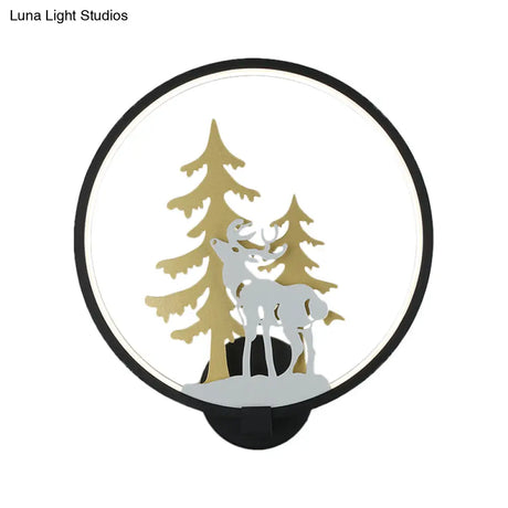 Minimalist Led Metal Wall Light Fixture With Black/White Deer And Tree Mural - Warm/White Lighting