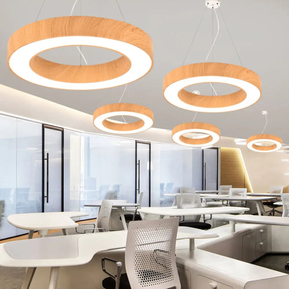 Minimalistic Led Chandelier: Light Wood Circle Pendant Lamp For Meeting Room