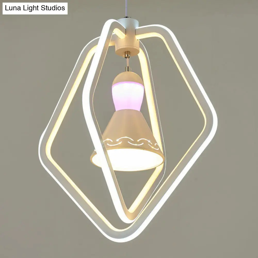 Minimalist Led White Pendant Lamp With Acrylic Dual Pentagon Frame And Bell Inside