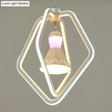 Minimalist Led White Pendant Lamp With Acrylic Dual Pentagon Frame And Bell Inside