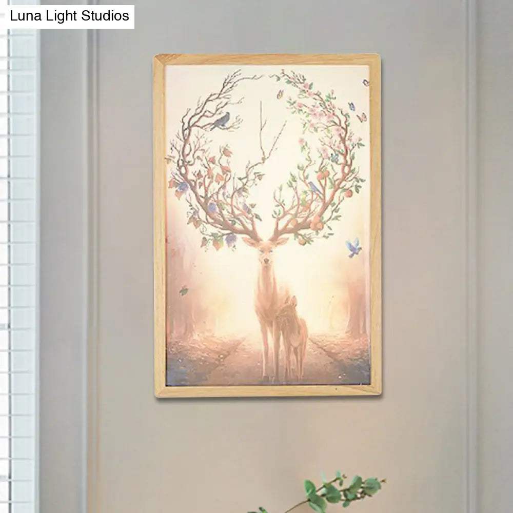 Minimalist Led Wood Wall Mounted Mural Lamp With Deer Pattern - 12/16 Metallic Square Width