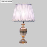 Minimalist Light Blue Urn Night Lamp With K9 Crystal & Tapered Fabric Shade - 1-Bulb Nightstand