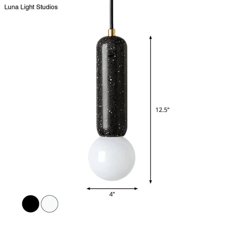 Minimalist Marble Capsule Pendant - Bedside Mini Hanging Lamp With Opal Glass Shade (White/Black)