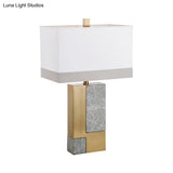 Minimalist Marble Nightstand Lamp: Rectangle Design Grey/White With Brass Colorblock Fabric Shade 1