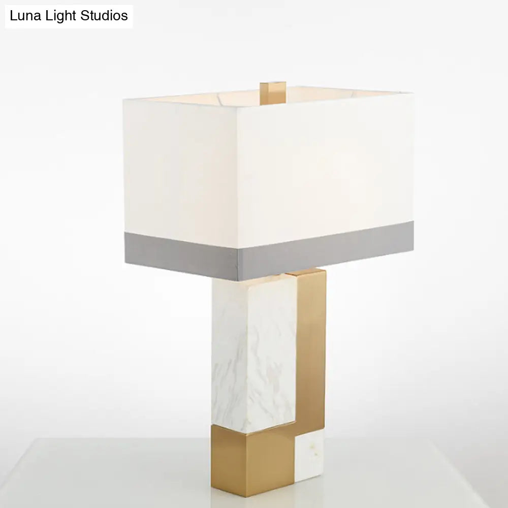 Minimalist Marble Nightstand Lamp: Rectangle Design Grey/White With Brass Colorblock Fabric Shade 1