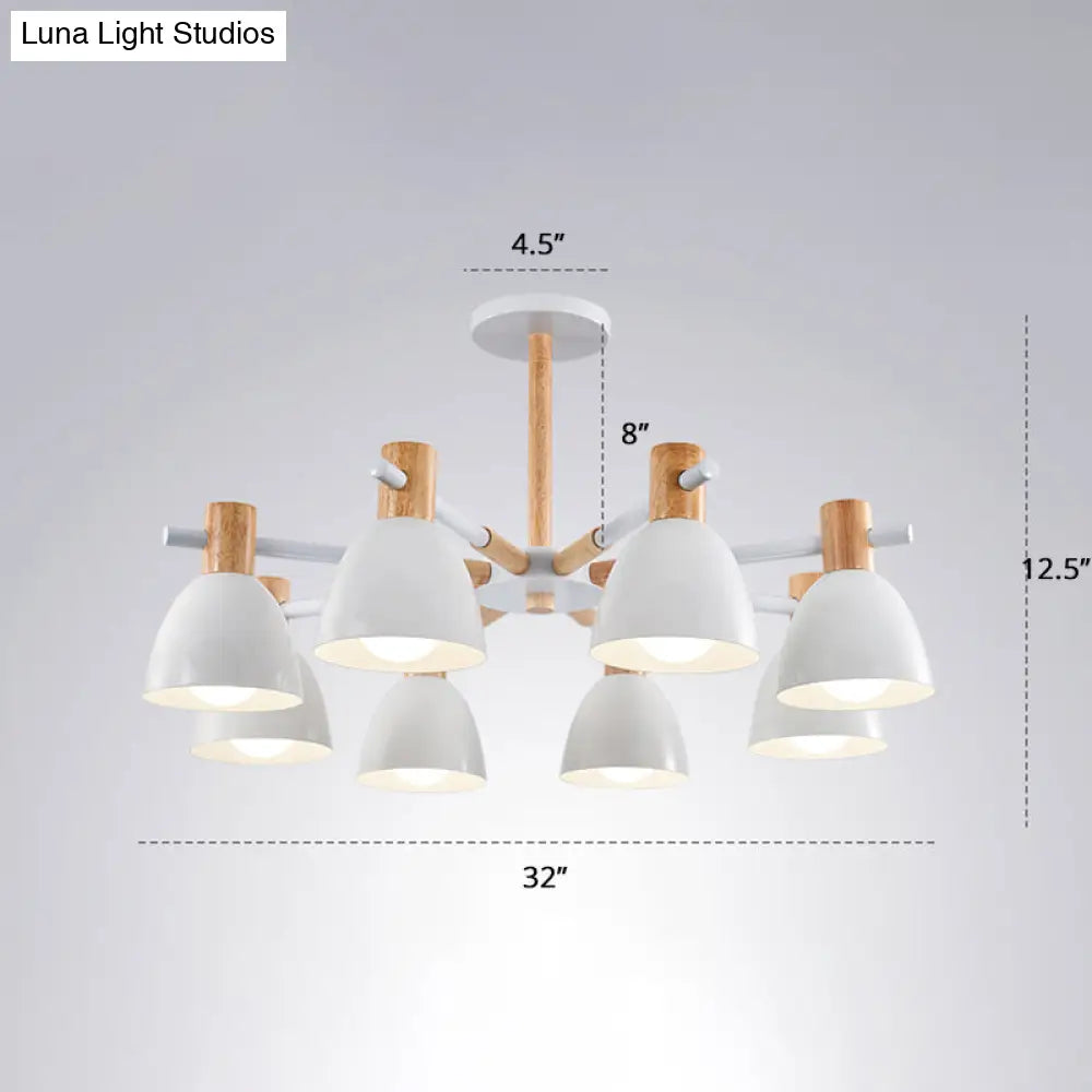 Minimalist Metal Chandelier: White Bell Suspension Light With Wooden Decor
