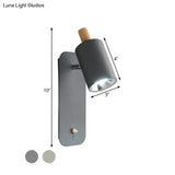Minimalist Metal Cylinder Wall Sconce With Wood Cap And 1 Light In White/Grey