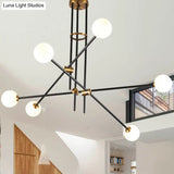 Minimalist Metal Hanging Lamp With 6-Head Black Chandelier In Opal Glass Shade