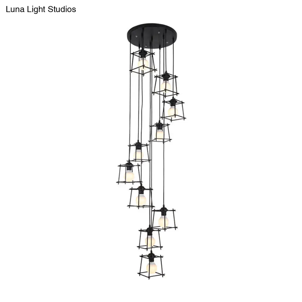 Minimalist Metallic Cube Cage Stair Pendant Light Chandelier - 10 Bulbs Black Finish