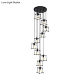 Minimalist Metallic Cube Cage Stair Pendant Light Chandelier - 10 Bulbs Black Finish