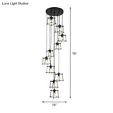 Minimalist Metallic Cube Cage Stair Pendant Light Chandelier - 10 Bulbs Black Finish