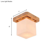Minimalist Milk Glass Beige Led Cube Flush Mount Lamp With Wood Canopy