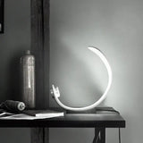 Minimalist Moon Shape Led Metallic Table Lamp With White Finish For Bedside Lighting