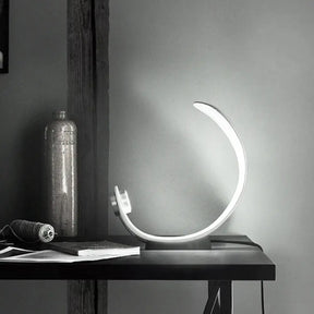 Minimalist Moon Shape Led Metallic Table Lamp With White Finish For Bedside Lighting