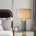 Minimalist Nightstand Lamp: Grey Drum Table Light With Fabric Shade & Plug-In