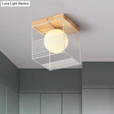 Minimalist Nordic Cage Ceiling Light With Glass Shade And Wood Canopy - Black/White Cubic Iron Flush