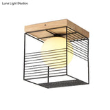 Minimalist Nordic Cage Ceiling Light With Glass Shade And Wood Canopy - Black/White Cubic Iron