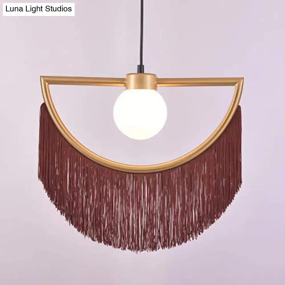 Minimalist Opal Glass Globe Suspension Light: 1-Light Hanging Lamp With Elegant Fringe