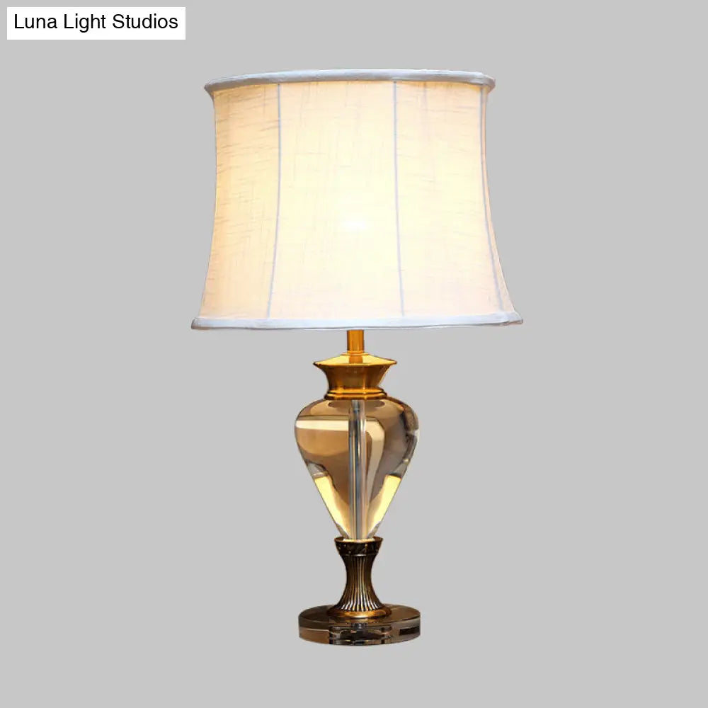 Minimalist Oval Night Lamp With Clear Crystal Accent Beige Finish & Fabric Shade