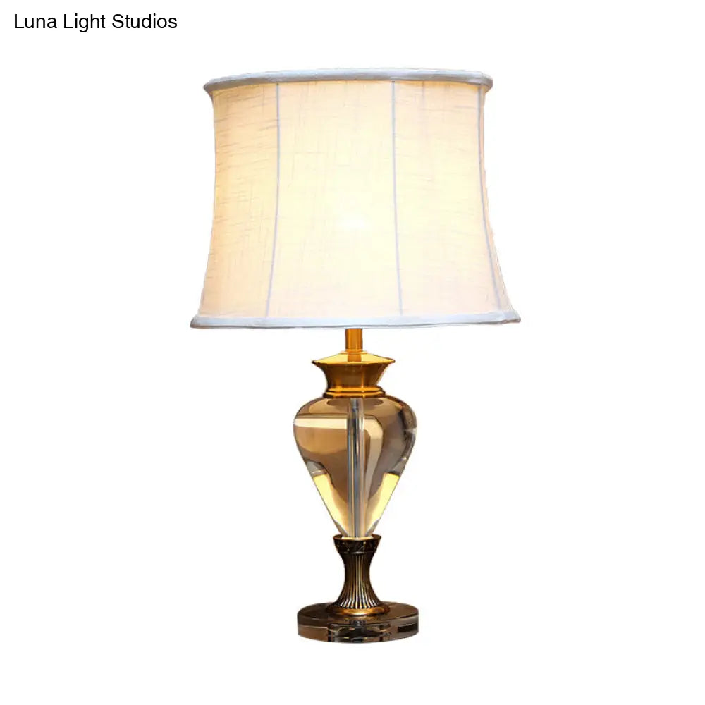 Minimalist Oval Night Lamp With Clear Crystal Accent Beige Finish & Fabric Shade