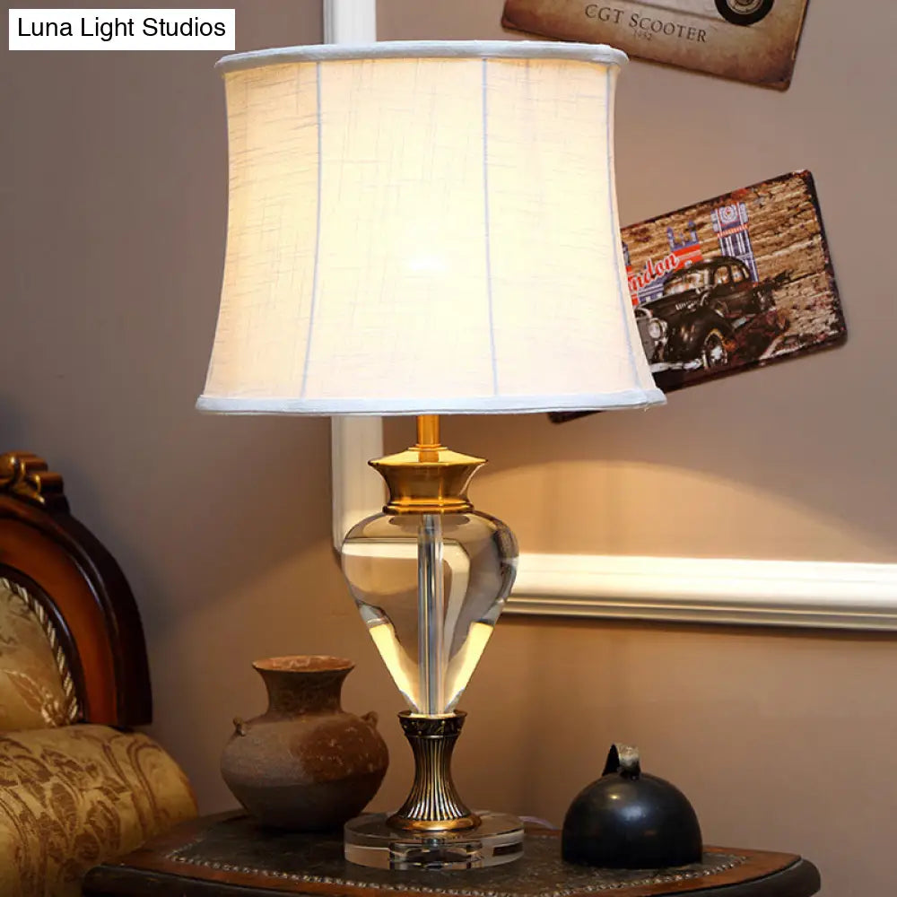 Minimalist Oval Night Lamp With Clear Crystal Accent Beige Finish & Fabric Shade