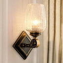 Minimalist Prismatic Glass Cup Sconce Light - Wall Mounted Lamp With Rhombus Black/Gold Backplate
