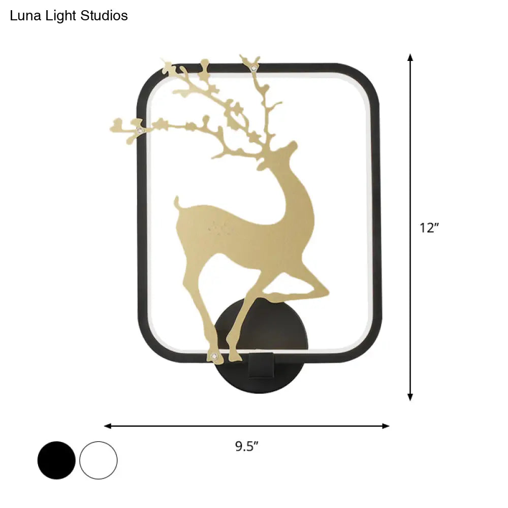 Minimalist Rectangle Metal Wall Mural Led Mount Lamp - Black/White With Elk Deer Pattern Warm/White