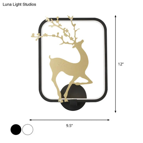 Minimalist Rectangle Metal Wall Mural Led Mount Lamp - Black/White With Elk Deer Pattern Warm/White