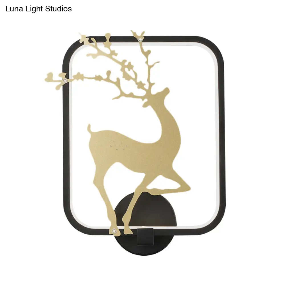 Minimalist Rectangle Metal Wall Mural Led Mount Lamp - Black/White With Elk Deer Pattern Warm/White