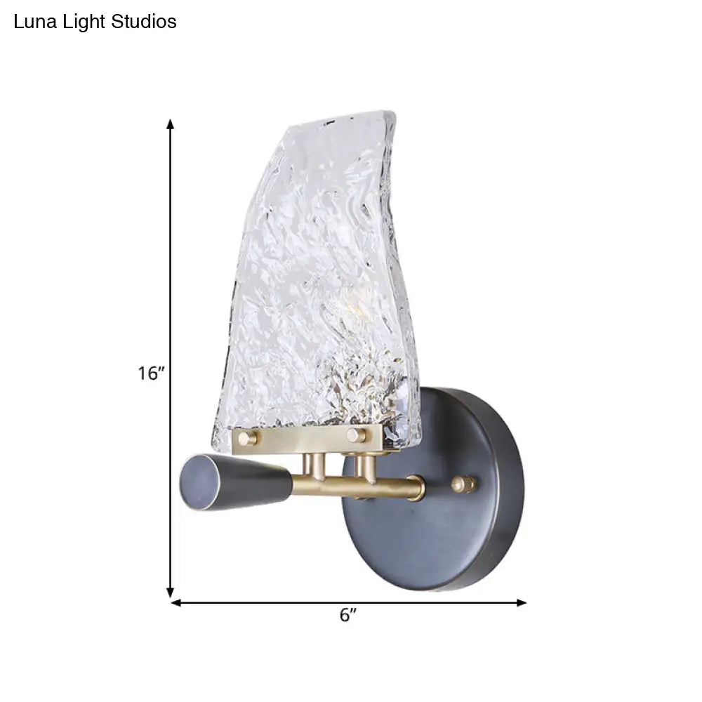 Minimalist Sail Ship Glass Wall Light - Textured Novelty Design 1 Bulb Black Sconce For Bedrooms