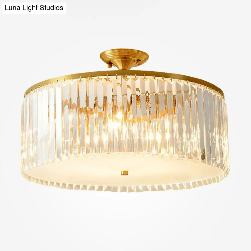 Minimalist Semi Flush Mount Ceiling Light With Clear Crystal Drum Shade - Bedroom Close To