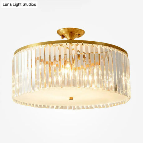 Minimalist Semi Flush Mount Ceiling Light With Clear Crystal Drum Shade - Bedroom Close To