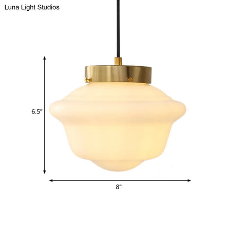 Minimalist Single Brass Hanging Ceiling Light - White Glass Pendant With Gyro Shape For Restaurants