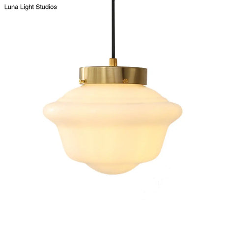 Minimalist Single Brass Hanging Ceiling Light - White Glass Pendant With Gyro Shape For Restaurants