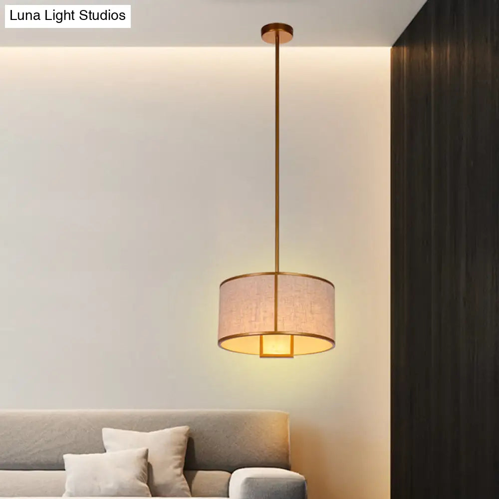 Minimalist Single-Light Fabric Drum Pendant For Living Room With 47 Carbon Steel Rod