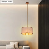 Minimalist Single-Light Fabric Drum Pendant For Living Room With 47 Carbon Steel Rod