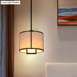 Minimalist Single-Light Fabric Drum Pendant For Living Room With 47 Carbon Steel Rod