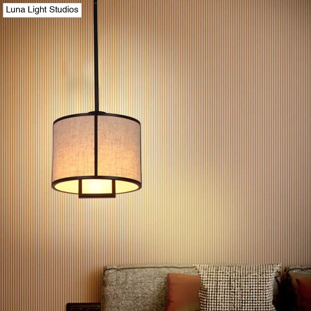 Minimalist Single-Light Fabric Drum Pendant For Living Room With 47 Carbon Steel Rod