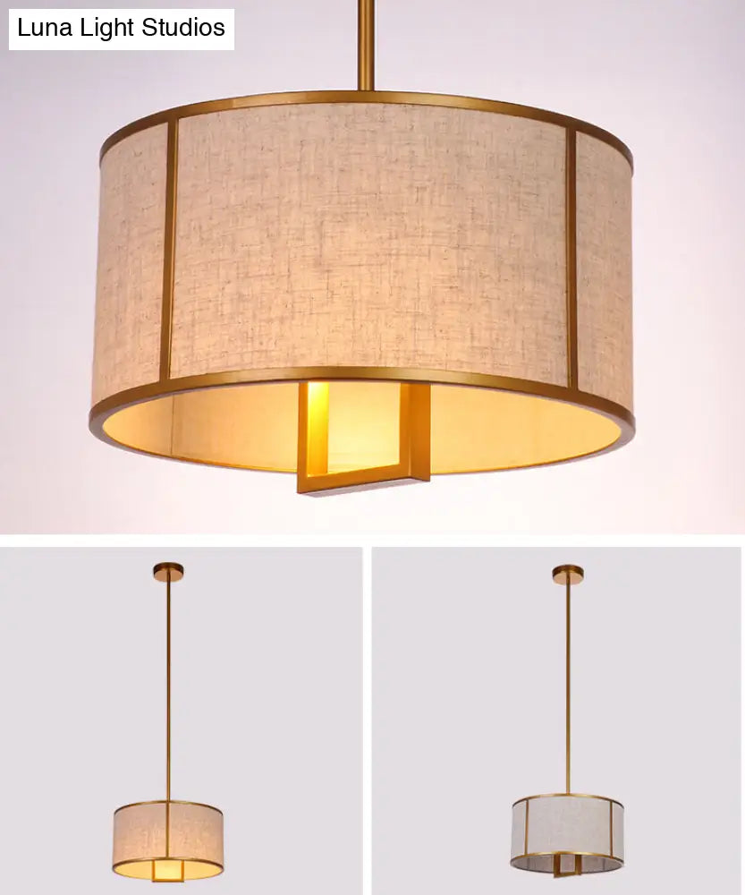 Minimalist Single-Light Fabric Drum Pendant For Living Room With 47 Carbon Steel Rod