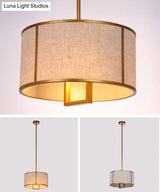 Minimalist Single-Light Fabric Drum Pendant For Living Room With 47 Carbon Steel Rod