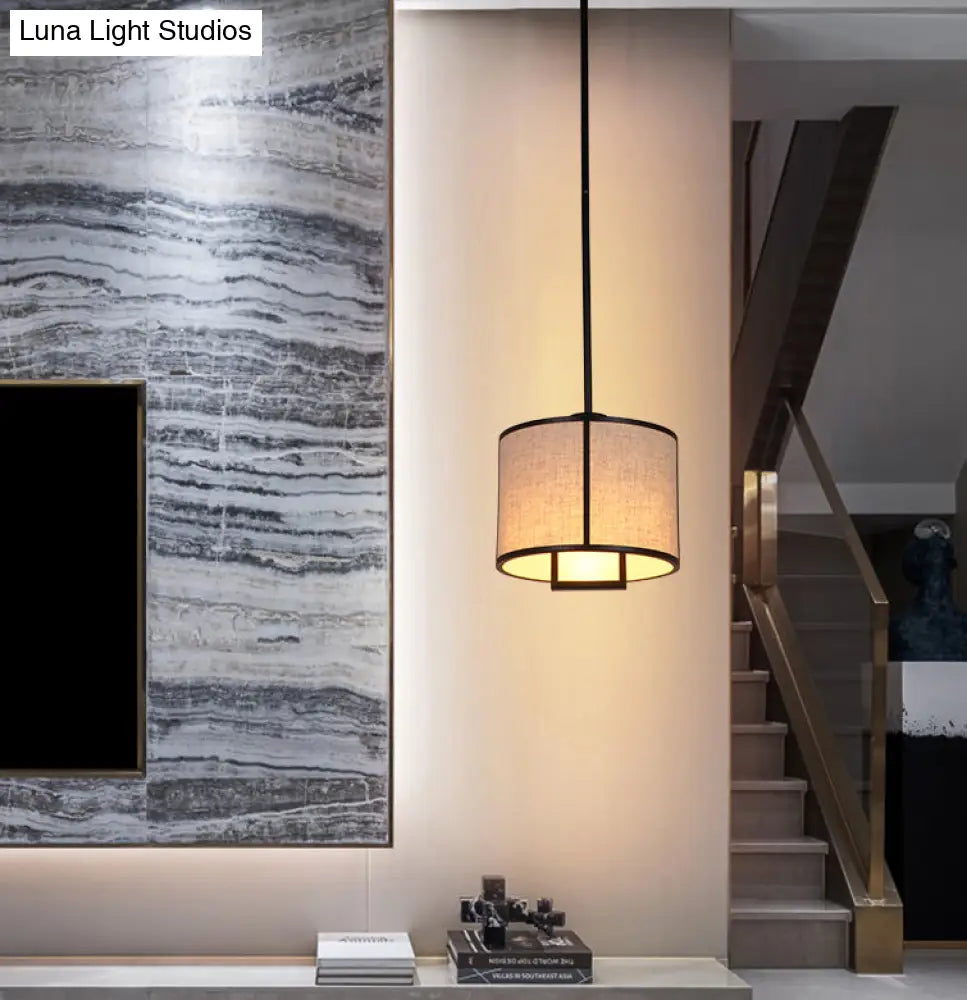 Minimalist Single-Light Fabric Drum Pendant For Living Room With 47 Carbon Steel Rod