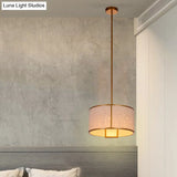 Minimalist Single-Light Fabric Drum Pendant For Living Room With 47 Carbon Steel Rod