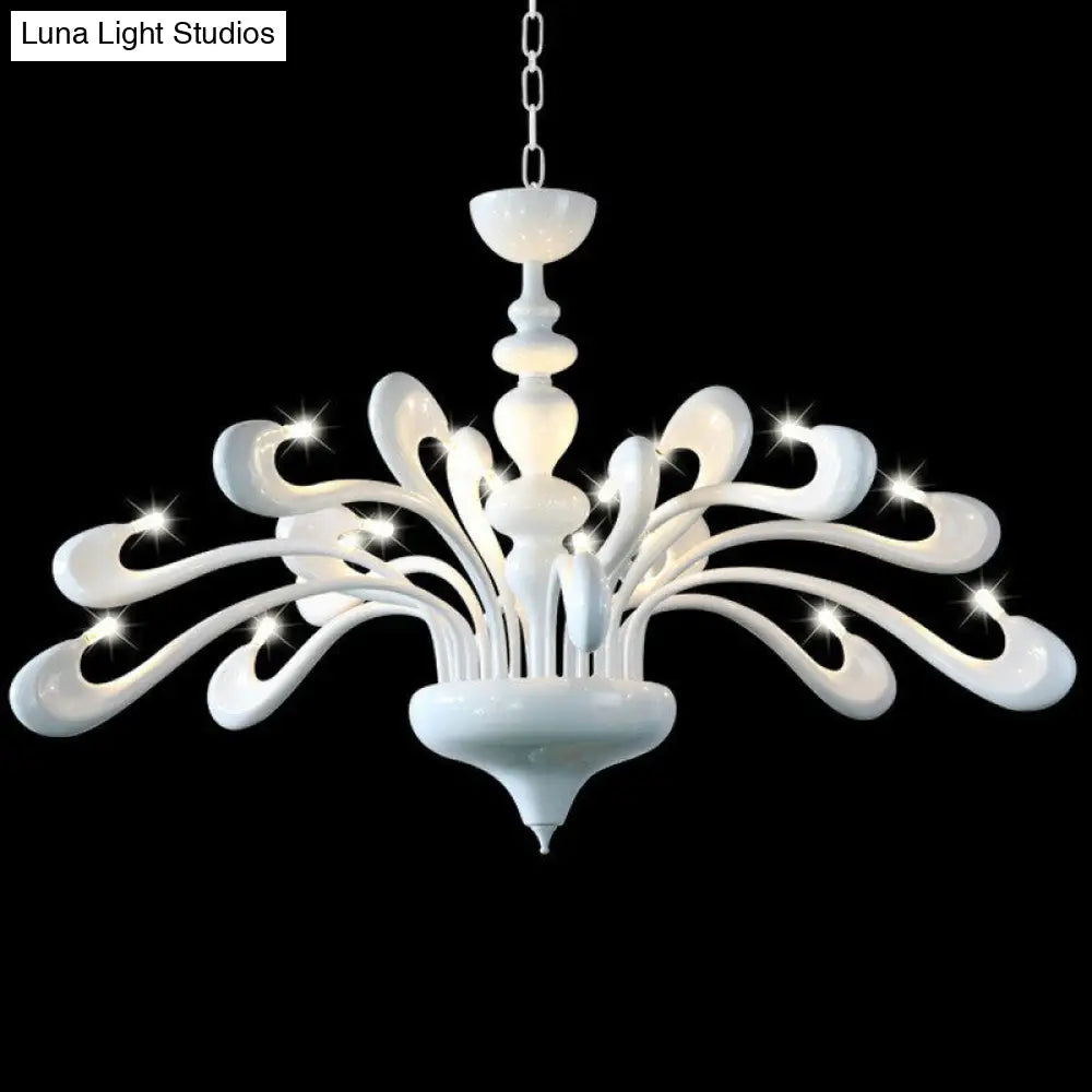 Minimalist Swan Chandelier In White - Metallic Living Room Hanging Light With 12 Bulbs