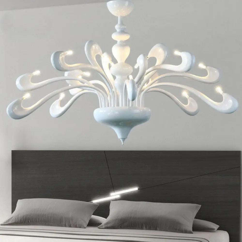 Minimalist Swan Chandelier In White - Metallic Living Room Hanging Light With 12 Bulbs
