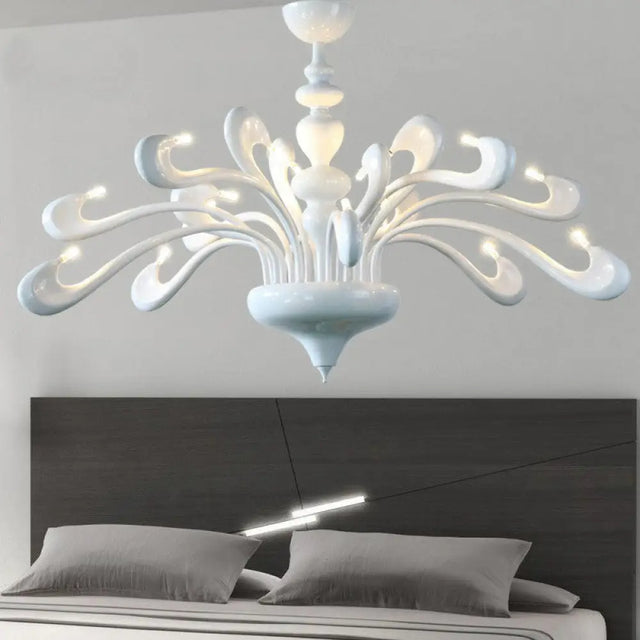 Minimalist Swan Chandelier In White - Metallic Living Room Hanging Light With 12 Bulbs