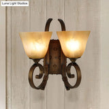 Minimalist Tapered Sconce Lighting: 2-Light Wall Lamp Fixture In Bronze With Crackled Glass &